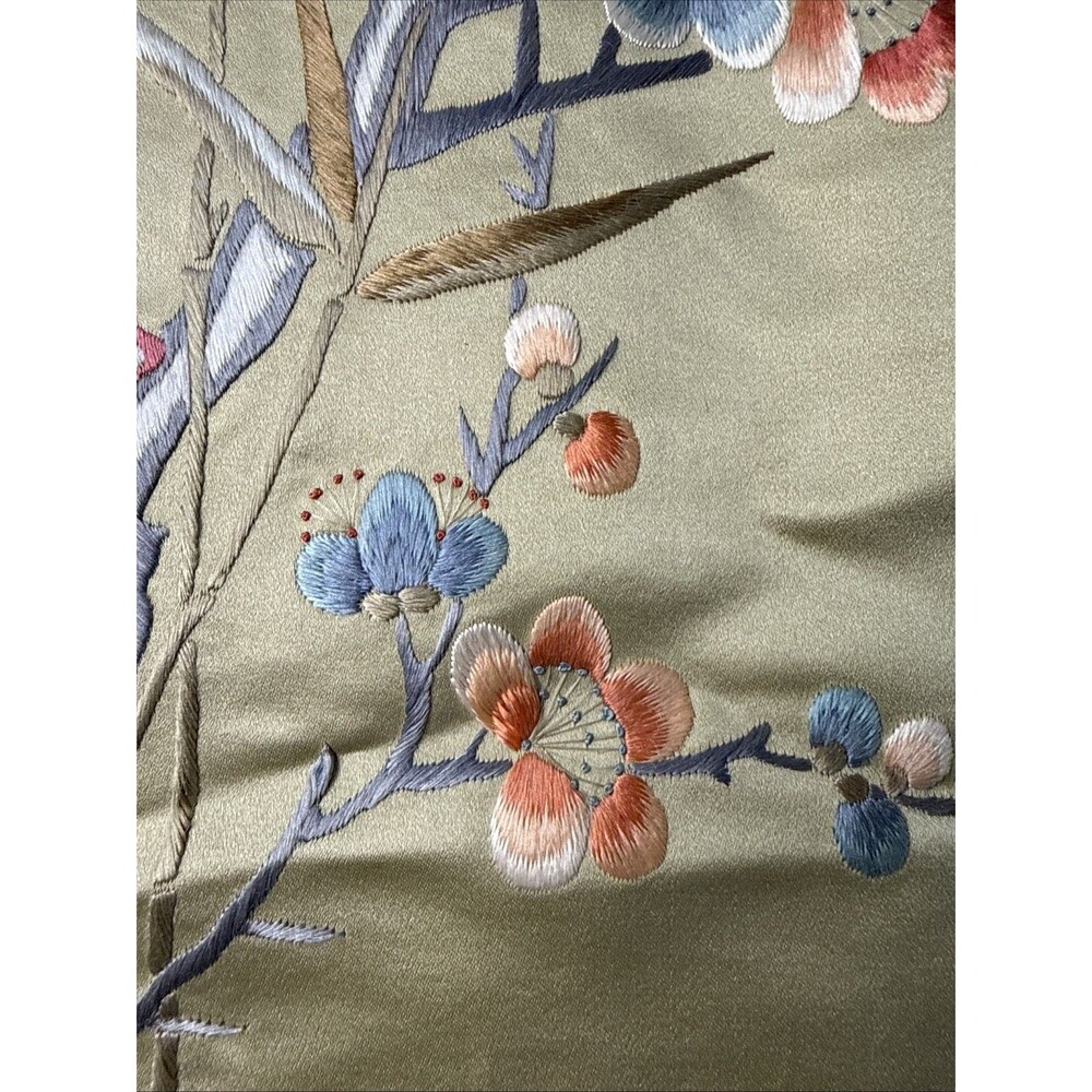 Vintage Asian Silk Hand Embroidered Tapestry Floral Bird Design 13”x26” - Picture 4 of 16